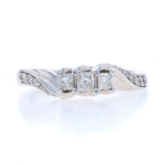 White Gold Diamond Engagement Ring 10k Princess & Rnd .50ctw Three-Stone Bypass - Picture 1 of 6